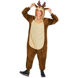 Adult Reindeer Onesie Costume front view with hood, antlers and red nose