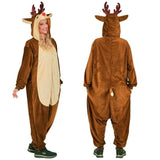 Adult Reindeer Onesie Costume side and back views with hood and antlers