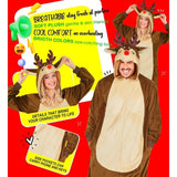 Reindeer Onesie Costume features including soft plush fabric, breathable comfort and side pockets