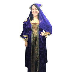 Renaissance Lady costume hire with purple and gold gown and flowing sleeves