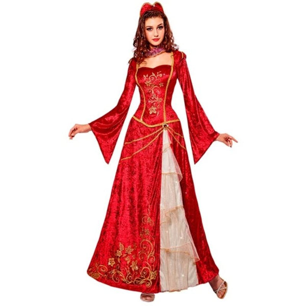 Renaissance princess costume red gold front view with ruff and headpiece