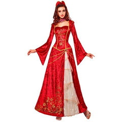 Renaissance princess costume red gold front view with ruff and headpiece