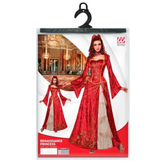 Renaissance princess costume red gold front view with ruff and headpiece
