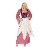 Renaissance tavern wench costume hire with dusty pink dress and blue lace up vest
