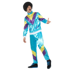 Retro 80s shell suit costume in blue with purple and yellow accents – unisex Smiffy's tracksuit