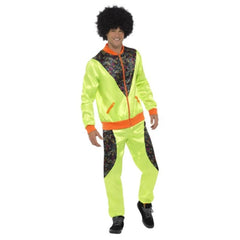 Green 80s shell suit with geometric black and orange panels