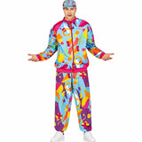 Retro 90s tracksuit costume for adults with colourful geometric jacket, pants and matching cap worn by model