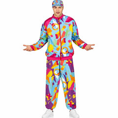 Retro 90s tracksuit costume for adults with colourful geometric jacket, pants and matching cap worn by model