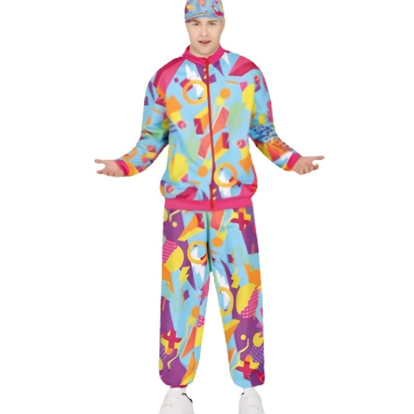 Adult retro 90s tracksuit costume with colourful patterned jacket and matching trousers