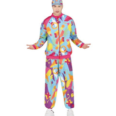 Adult retro 90s tracksuit costume with colourful patterned jacket and matching trousers