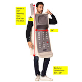 Retro brick cell phone novelty adult costume is a foam tunic with printed on number detail plus antanna, costume dimensions 53' x 28".