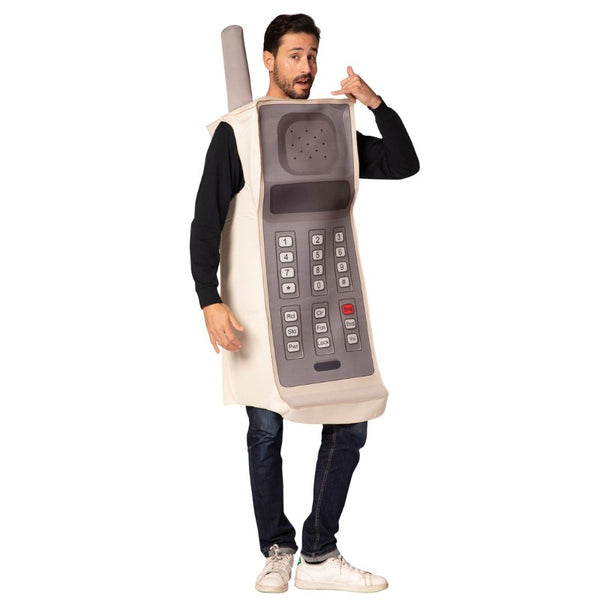 Retro brick cell phone novelty adult costume is a foam tunic with printed on number detail plus antanna.