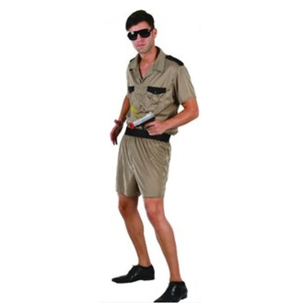 Retro cop costume for men, light brown shorts and shirt.