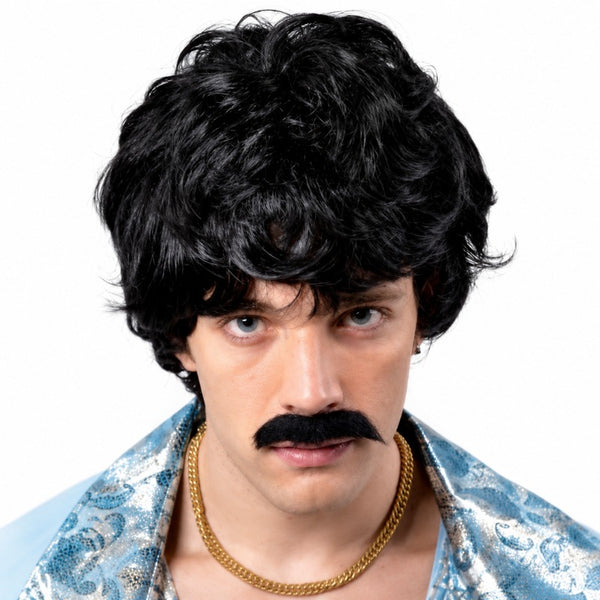 Retro Man short black costume wig for 70s disco, rock star and retro themed costumes