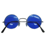 Round silver frame glasses with blue tinted lenses