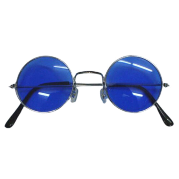 Round silver frame glasses with blue tinted lenses