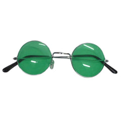 Round silver frame glasses with green tinted lenses