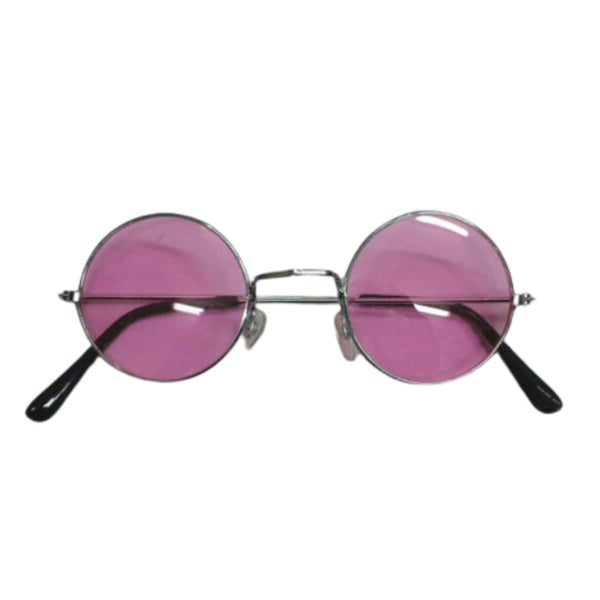 Round silver frame glasses with pink tinted lenses