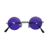 Round silver frame glasses with purple tinted lenses