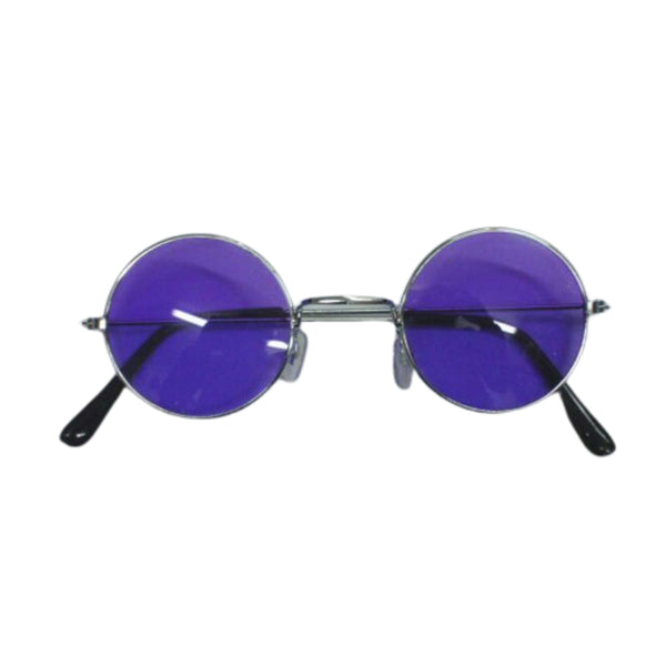 Round silver frame glasses with purple tinted lenses
