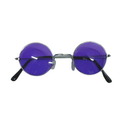 Round silver frame glasses with purple tinted lenses