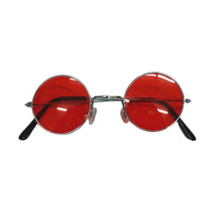 Round silver frame glasses with red tinted lenses
