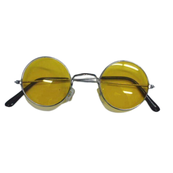 Round silver frame glasses with yellow tinted lenses