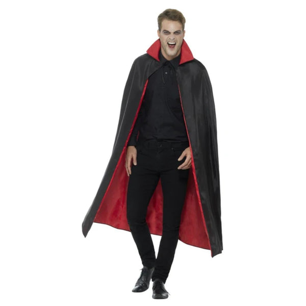 Reversible Vampire Cape, Black & Red, measures 127 cm long, polyester.