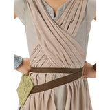 Close up of rey deluxe child costume with cross over detail on chest and belt