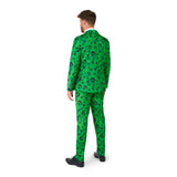 Back view of Riddler green question mark suit costume for men