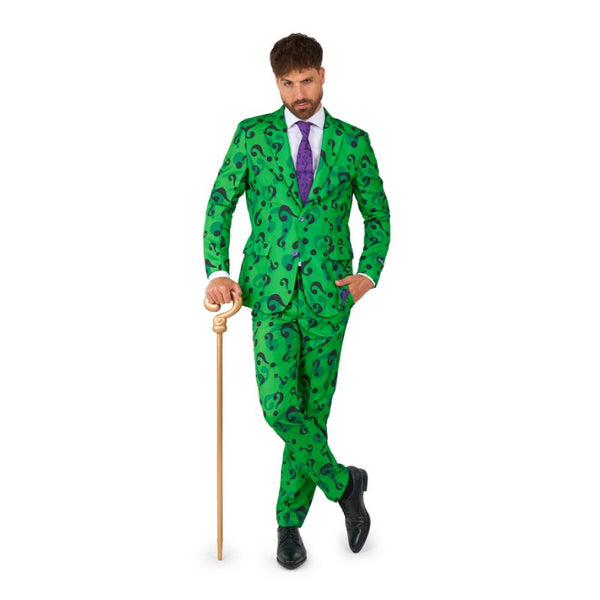 Riddler green question mark suit costume worn as men’s fancy dress