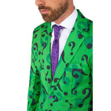Close up of riddler green question mark suit
