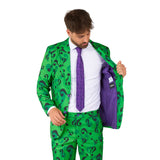 Detail of green question mark pattern on Riddler suit jacket