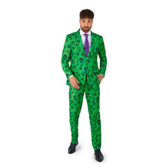 Green Riddler suit with question mark print, jacket, pants, and purple tie by Suitmeister