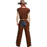 Rear view of cowboy costume showing chaps with back Velcro closure and open seat design.
