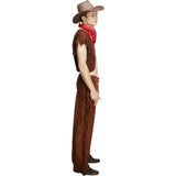 side view of Ride Em Cowboy Costume for adults, brown chaps with fringing at the side, viest with fringing at shoulders.