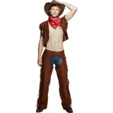 Ride 'Em Cowboy Costume with brown vest and chaps featuring fringing, and red bandanna – bold western look for themed parties.
