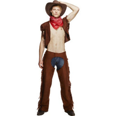Ride 'Em Cowboy Costume with brown vest and chaps featuring fringing, and red bandanna – bold western look for themed parties.