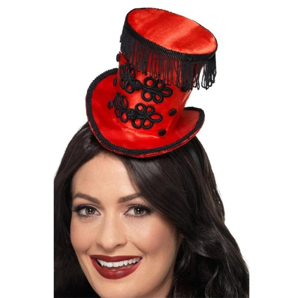 Ring Master Mini Red Hat satin hat with black braid, fringing detail on headband.