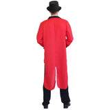 Person wearing a red coat and black hat on a white background