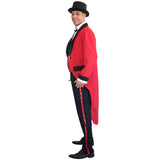 Man wearing a red tuxedo with black pants and top hat on a white background