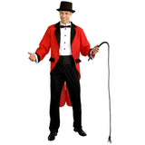 Ringmaster adult costume with red tailcoat, shirtfront, vest, bow tie, pants and cummberbund