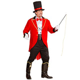 Person wearing a red circus ringmaster costume with a top hat on a white background