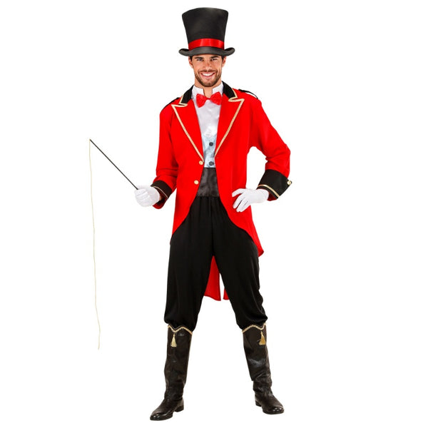Ringmaster costume with red tailcoat, pants, bow tie vest, collapsible hat and whip for circus fancy dress