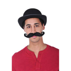Oversized black handlebar moustache with curled ends and adhesive back