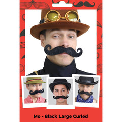 Oversized black handlebar moustache with curled ends and adhesive back