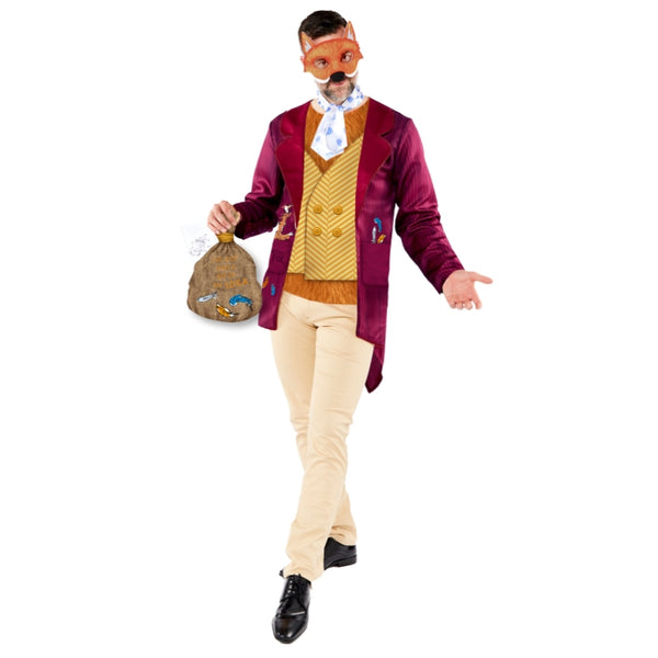 Roald Dahl Fantastic Mr Fox Adult Costume, maroon jacket, tail, eye mask and neck tie.