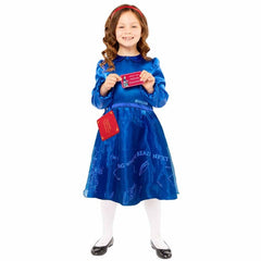 Roald Dahl Matilda Kids Classic Costume, royal blue dress with matilda logo and print of books on skirt.
