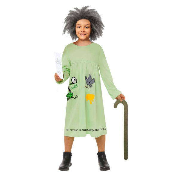 Roald Dahl Mrs Twit Kids Costume , green dress, grey wig, felt frog, felt cane and bookmark.