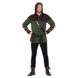 Robin Hood Adult Costume - Green & Brown, tunic, sash, waistblet and hooded capelet in brown.